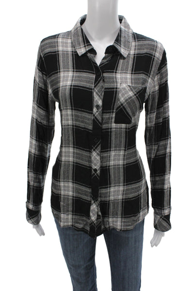Rails Womens Black Plaid Collared Rayon Button-Up Long Sleeve Basic Top Size M