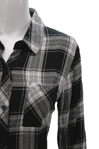 Rails Womens Black Plaid Collared Rayon Button-Up Long Sleeve Basic Top Size M
