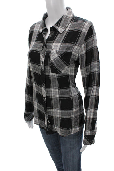 Rails Womens Black Plaid Collared Rayon Button-Up Long Sleeve Basic Top Size M