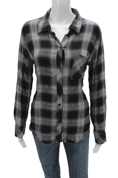 Rails Womens Black Plaid Collared Button-Up Rayon Long Sleeve Top Size M