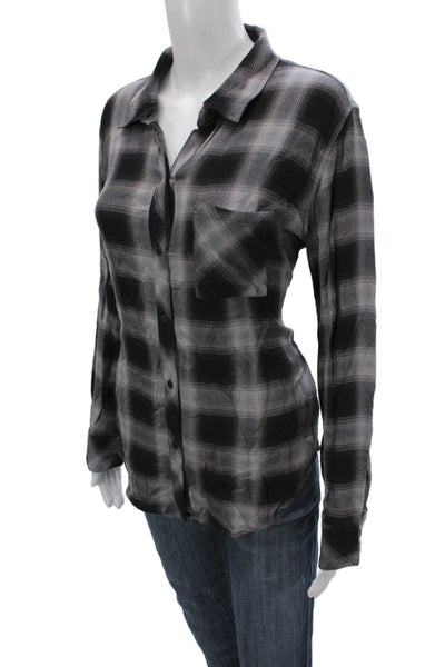 Rails Womens Black Plaid Collared Button-Up Rayon Long Sleeve Top Size M