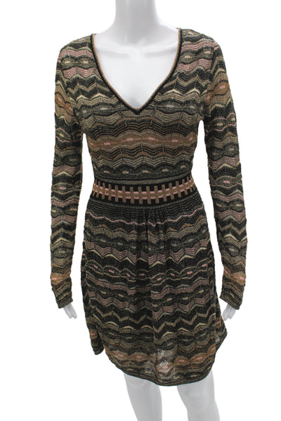 Missoni Women Mini Black Chevron V-Neck Long Sleeve Dress Size 6