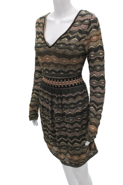 Missoni Women Mini Black Chevron V-Neck Long Sleeve Dress Size 6