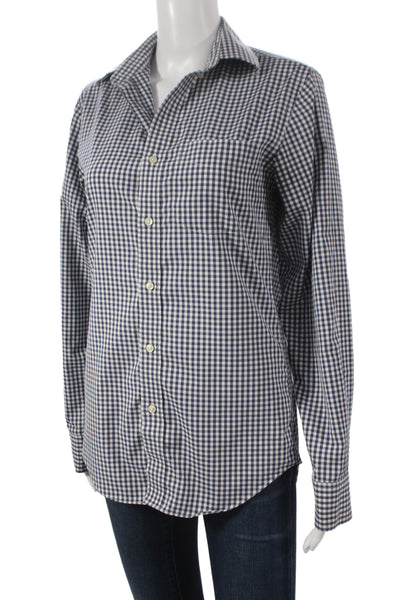 J Crew Women Blue Check Collared Button-Up Long Sleeve 98% Cotton Size XS