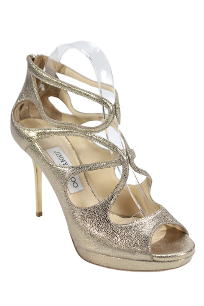 Jimmy Choo Womens Leather Metallic Strappy Zip Stiletto Heels Gold Size EUR 38.5