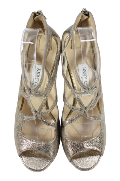 Jimmy Choo Womens Leather Metallic Strappy Zip Stiletto Heels Gold Size EUR 38.5