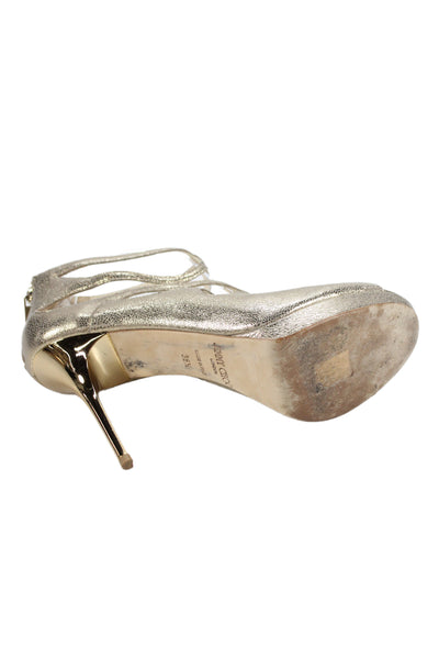 Jimmy Choo Womens Leather Metallic Strappy Zip Stiletto Heels Gold Size EUR 38.5