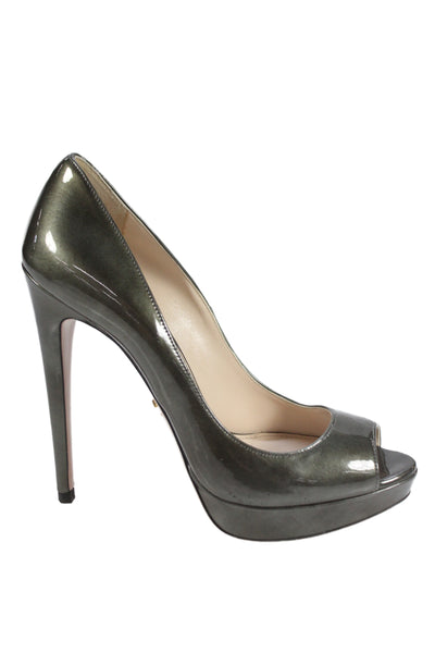 Prada Womens Patent Leather Peep Toe Stiletto Heels Pumps Green Size EUR 38.5