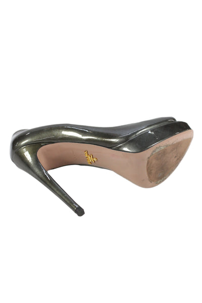 Prada Womens Patent Leather Peep Toe Stiletto Heels Pumps Green Size EUR 38.5