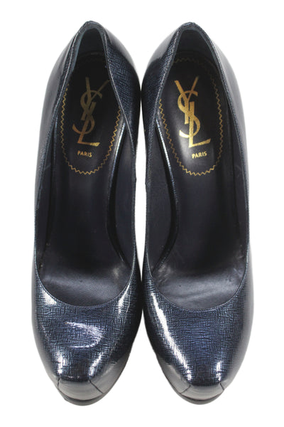 YSL Womens Patent Leather Striped Print Stiletto Pumps Blue Size 38.5