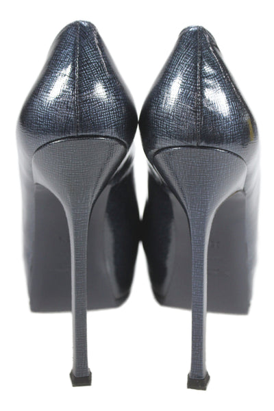 YSL Womens Patent Leather Striped Print Stiletto Pumps Blue Size 38.5
