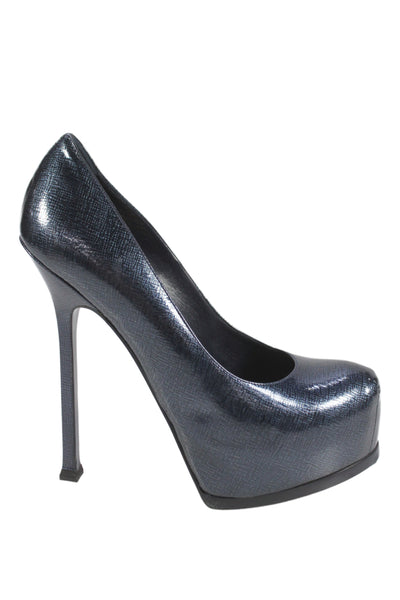 YSL Womens Patent Leather Striped Print Stiletto Pumps Blue Size 38.5