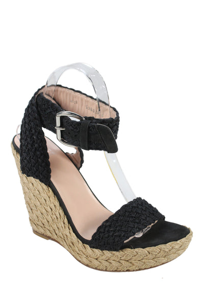 Stuart Weitzman Womens Braided Textured Ankle Buckled Wedge Heels Black Size 8.5