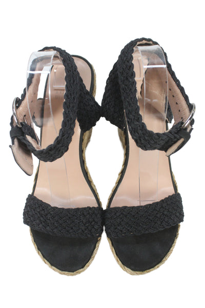 Stuart Weitzman Womens Braided Textured Ankle Buckled Wedge Heels Black Size 8.5