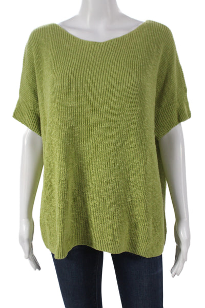 Eileen Fisher Women Green Organic Cotton Boat Neck Short Sleeve Pullover Size L
