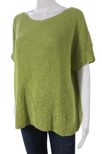Eileen Fisher Women Green Organic Cotton Boat Neck Short Sleeve Pullover Size L