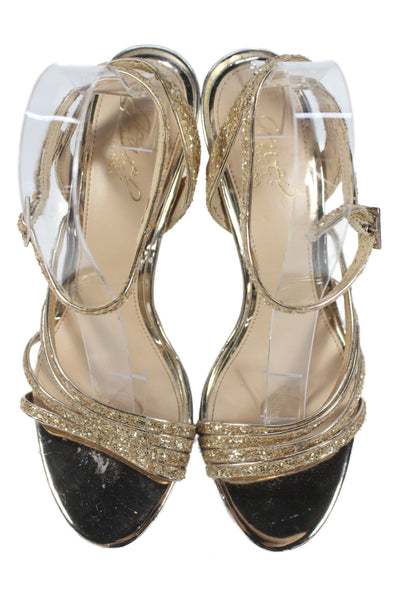 Jewel Badgley Mischka Womens Leather Glitter Strappy High Heels Gold Size 8