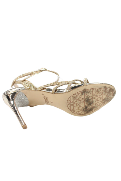 Jewel Badgley Mischka Womens Leather Glitter Strappy High Heels Gold Size 8