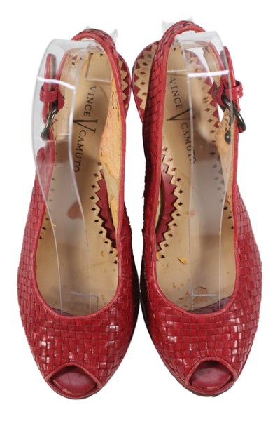 Vince Camuto Womens Leather Woven Buckle Ankle Strap Sandals Red Size 8