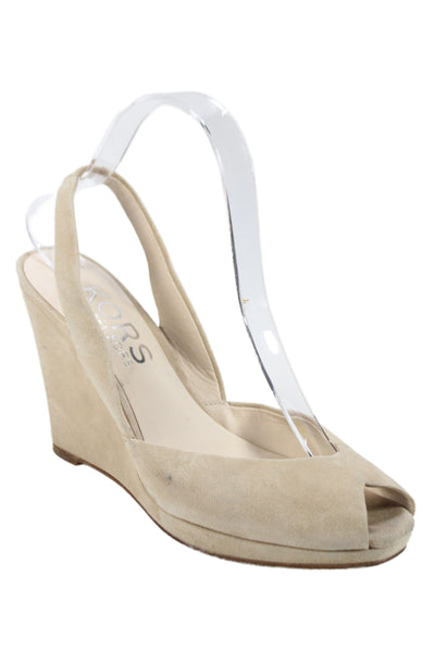 KORS Michael Kors Womens Suede Open Toe Ankle Strap Wedge Heels Beige Size 7.5