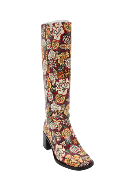 Larroude Womens Slip On Block Heel Floral Coated Canvas Boots Red Size 7