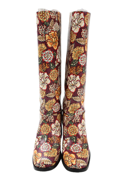 Larroude Womens Slip On Block Heel Floral Coated Canvas Boots Red Size 7