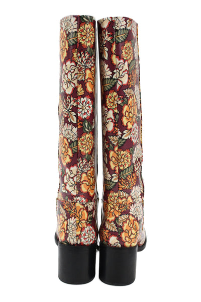 Larroude Womens Slip On Block Heel Floral Coated Canvas Boots Red Size 7