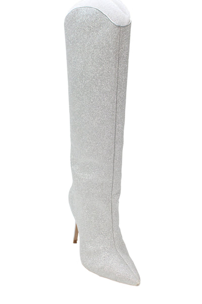 Schutz Womens Stiletto Pointed Toe Glitter Leather Knee High Boots Silver Size 7