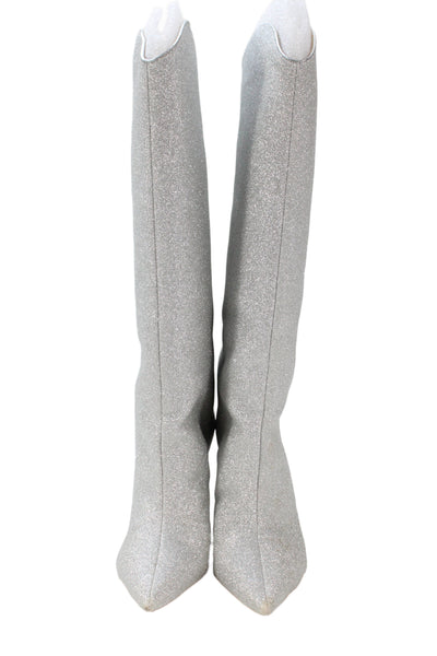 Schutz Womens Stiletto Pointed Toe Glitter Leather Knee High Boots Silver Size 7