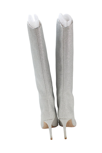 Schutz Womens Stiletto Pointed Toe Glitter Leather Knee High Boots Silver Size 7