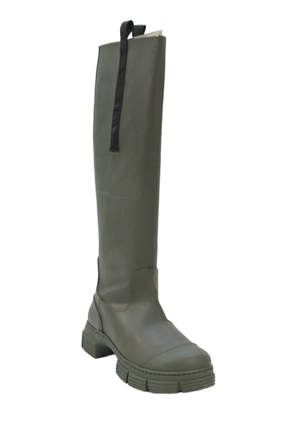 Ganni Womens Slip On Block Heel Rubber Knee High Boots Green Black Size 37