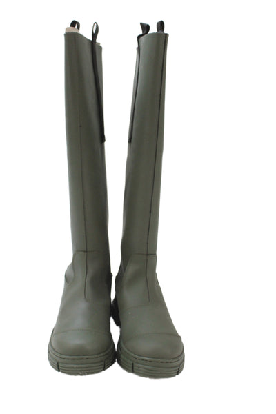 Ganni Womens Slip On Block Heel Rubber Knee High Boots Green Black Size 37