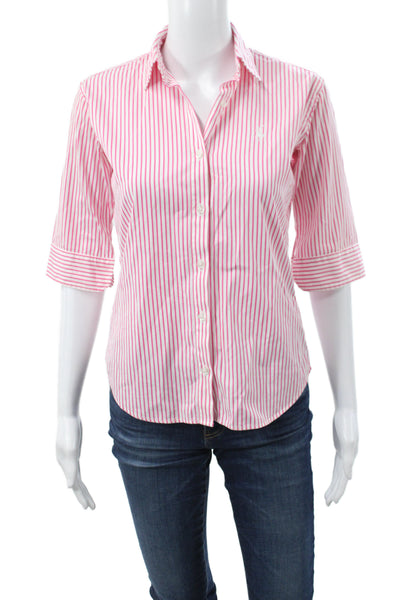 Ralph Lauren Sport Womens Button-Up Collared Striped Cotton Top Pink 3/4 Size 4