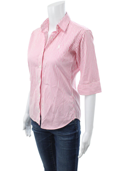 Ralph Lauren Sport Womens Button-Up Collared Striped Cotton Top Pink 3/4 Size 4