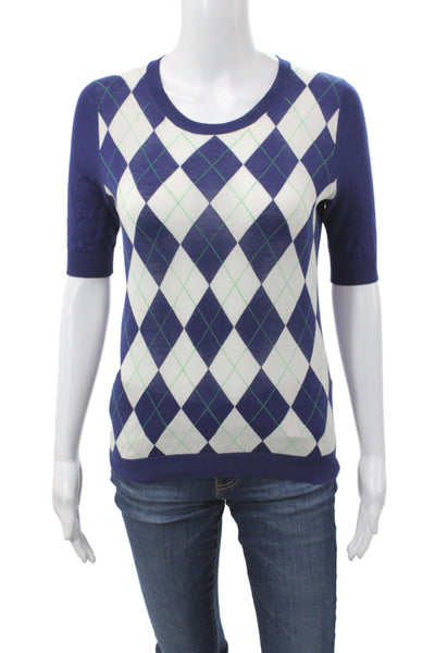 J Crew Women Pullover Argyle Blue Cotton Short Sleeve Round Neck Size XS