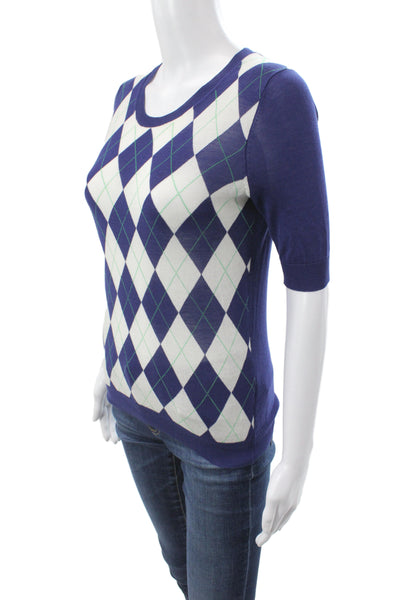 J Crew Women Pullover Argyle Blue Cotton Short Sleeve Round Neck Size XS