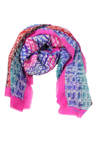 Emanuel Ungaro Womens Fringe Trim Logo Abstract Knit Scarf Pink Multi 54"x54"