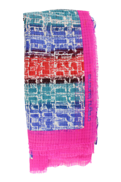 Emanuel Ungaro Womens Fringe Trim Logo Abstract Knit Scarf Pink Multi 54"x54"