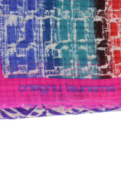 Emanuel Ungaro Womens Fringe Trim Logo Abstract Knit Scarf Pink Multi 54"x54"