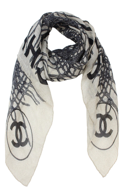 Chanel Womens Silk Interlocking CC Logo Abstract Scarf White Black 33"x33"