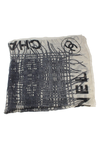 Chanel Womens Silk Interlocking CC Logo Abstract Scarf White Black 33"x33"