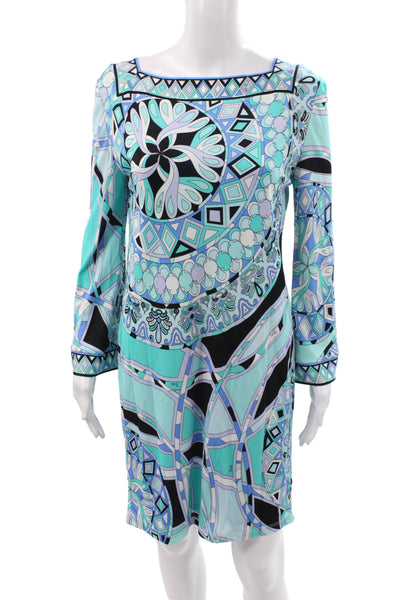 Emilio Pucci Women Shift Dress Blue Long Sleeve Square Neck Size 12