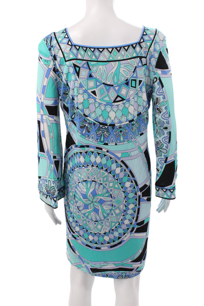 Emilio Pucci Women Shift Dress Blue Long Sleeve Square Neck Size 12