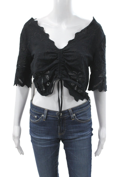 Mother Womens Cropped Bohemian V-Neck Black Short Sleeve Blouse Size S