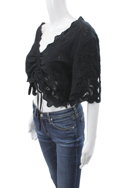 Mother Womens Cropped Bohemian V-Neck Black Short Sleeve Blouse Size S