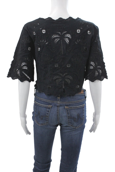Mother Womens Cropped Bohemian V-Neck Black Short Sleeve Blouse Size S