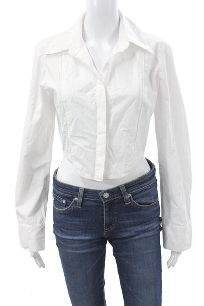 Saint Art Women Cropped Button-Up Collared White Cotton Long Sleeve Size M