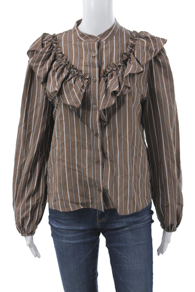 Zara Womens Bohemian Striped Tunic Blouse Collared Long Sleeve Brown Size S