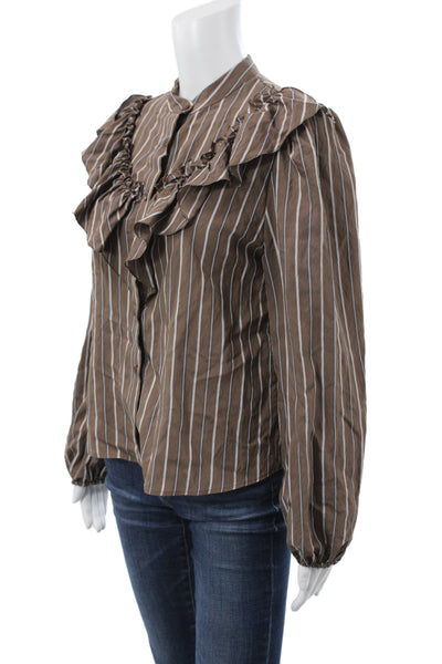Zara Womens Bohemian Striped Tunic Blouse Collared Long Sleeve Brown Size S