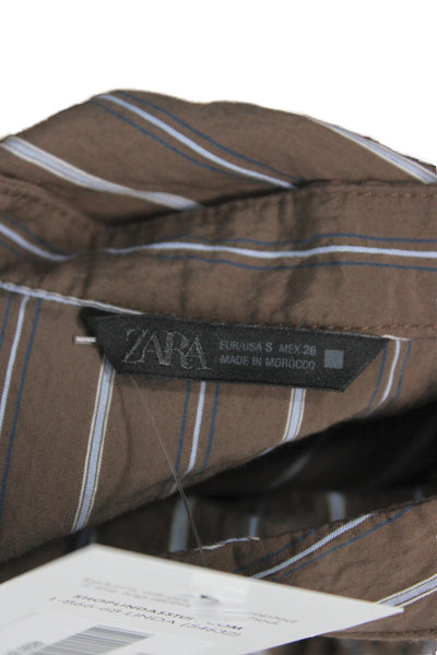 Zara Womens Bohemian Striped Tunic Blouse Collared Long Sleeve Brown Size S